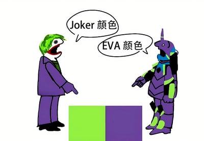 手绘风格的梗图中，左侧是绿发紫衣的小丑形象，张大嘴巴手指前方绿色色块， speech bubble 写着'Joker 颜色'；右侧是紫色为主、带有绿色点缀的EVA初号机形象，同样手指前方紫色色块， speech bubble 写着'EVA 颜色'。两人中间有绿色和紫色两个并排的色块，似乎在争论这两种颜色的归属，充满幽默调侃的氛围。