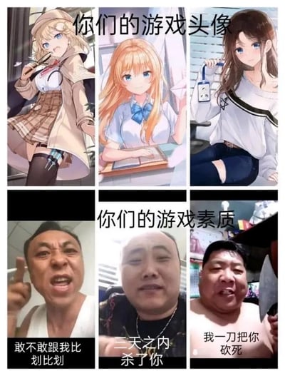 这张梗图用分栏对比的方式，展示了网络游戏玩家们在游戏中的头像通常是可爱或漂亮的二次元美少女，但实际的言行、素质却经常在网络上表现得极其不友好甚至具有攻击性。上半部分为精美动漫风格的美少女形象，下半部分则配有生活中常见、说出极端言论的人像照片，并配以夸张威胁性的台词，突出强烈反差与讽刺效果。

本图属于典型的“网络形象和现实素质对照”类梗，表现了网络虚拟形象与真实行为的巨大落差，用以调侃、讽刺部分玩家素质与自身形象的不符。

本图无明显双关、谐音梗或暗示，但整体构图表达出强烈的嘲讽意味。