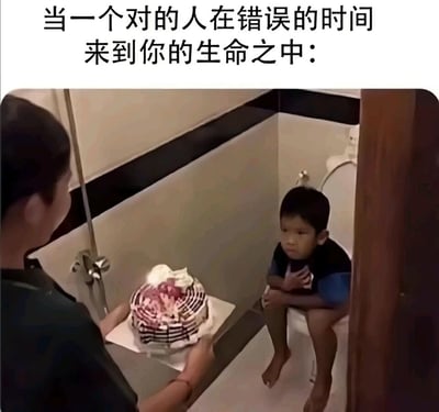这是一张图文混排的搞笑梗图，上方配有文字“当一个对的人在错误的时间来到你的生命之中：”，下方呈现的是卫生间场景：一个人双手捧着一款装饰有奶油、水果和巧克力淋酱的精美蛋糕，递向坐在马桶上的小男孩；小男孩双臂抱在胸前，脸上露出无奈又失落的神情，显然此刻他处于无法享用这份美味的状态。画面用生活里的尴尬小场景，精准呼应配文的情绪，把“错的时间遇到心仪的事物/对的人”这种无奈感，用搞笑的方式具象化，充满反差感，让人觉得好笑又共情。