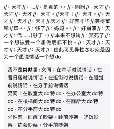 这是一张纯文字梗图，上方是大量重复的"天才"和各种情绪表达，如"啊啊"、"好崩溃"、"笑得窜稀"等，中间用"//:"符号分隔不同的感叹和评论。下方则是对不同恋爱类型的幽默调侃：女同被描述为在各种场景下都说情话，男同被描述为在各种场所"大do特do"，而异性恋则被调侃为在各种时刻都在吵架。整体风格戏谑夸张，通过重复和对比制造笑点。