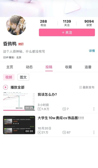 这是哔哩哔哩（B站）用户「昏鸦鸭」的个人主页投稿栏截图，用户等级为LV6，IP属地显示为北京，拥有288位粉丝、1139个关注和9094次获赞。投稿包含两个视频：10月20日发布的《大学生10w勇闯cs饰品圈！！！》，封面展示CS2游戏中M4A1饰品的购买记录，播放量达21万；3小时前发布的《我该怎么办？》，封面是股票走势图，播放量1.9万，疑似用户在投资中遇到困境发布求助内容。