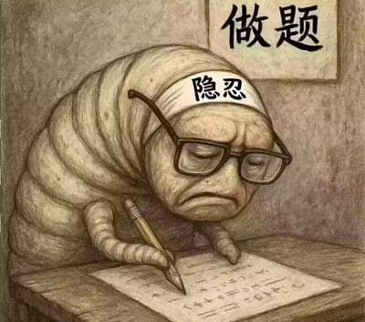 这是一张二次创作的表情包，图中是一个拟人化的虫子形象：它戴着黑框眼镜，额头上绑着写有“隐忍”的白色头带，皱着眉头、嘴角下撇，满脸痛苦与无奈地趴在木桌前，用细小的肢体握着笔在纸上书写做题，画面右上角还有“做题”的文字标注。整幅图生动地刻画了学生、备考人群被迫刷题时，压抑痛苦却不得不坚持的状态，极易引发相关人群的共鸣。