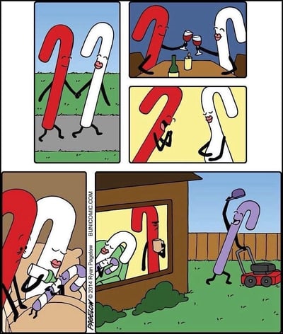 这是一组以红色和白色糖果手杖拟人化为角色的幽默连环漫画。漫画展现了两根拐杖（红色与白色）像情侣一样约会、约会、结婚、孕育下一代。高潮是后一格出现了一个紫色拐杖形状相似的角色，在院子里干活，而此时白色糖果手杖正照顾着与紫色拐杖颜色一致的宝宝，红色拐杖则有些郁闷地在屋内看着窗外，暗示宝宝的亲生父亲其实是紫色拐杖而不是红色拐杖。该图有明显的外遇与出轨的暗示，采用了拟人化和家庭伦理梗，讽刺意味很浓，画风轻松幽默。 

双关与暗示：最后一格用颜色和场景（窗外的紫色拐杖和新出生的紫色小拐杖）暗示外遇梗，很有典型欧美幽默风格。