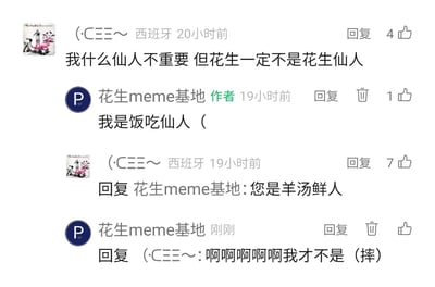 这是一段来自国内内容平台评论区的趣味互动对话，用户“(·CΞΞ～”与meme类账号“花生meme基地”围绕“仙人”主题展开玩梗：用户先提出“花生一定不是花生仙人”，账号运营者随即自称“饭吃仙人”（将“吃饭仙人”语序颠倒制造趣味），用户紧接着玩谐音梗，用“羊汤鲜人”回应（“鲜”与“仙”谐音），最后运营者以带有撒娇感的“啊啊啊啊啊我才不是（摔）”回复，整个对话轻松搞笑，利用中文的语序调整和谐音特点制造笑点，充满网络亚文化的轻松氛围。