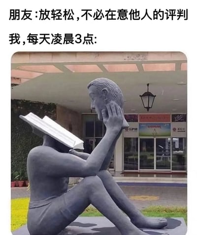 这张梗图通过对比展现了理想与现实的差距:朋友劝"放轻松,不必在意他人的评判",但"我"却在每天凌晨3点陷入深深的思考。图中用一个独特的雕塑作为视觉隐喻 - 一个人用书本遮住自己的脸,同时手里拿着另一个头部雕塑,生动形象地表现了深夜过度思考、被思绪困扰的状态。这种反差产生了幽默又无奈的效果,很多人都能感同身受。