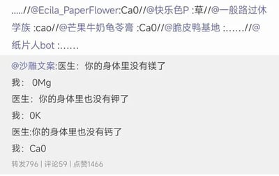 社交媒体截图显示@沙雕文案发布的搞笑对话：医生依次指出身体缺乏镁、钾、钙，而“我”分别用化学符号谐音回应“0Mg”（镁符号Mg）、“0K”（钾符号K）、“CaO”（钙符号Ca），结合网络用语制造笑点。截图上方有多个用户提及内容，底部显示转发796、评论59、点赞1466。
双关/谐音梗：利用化学元素符号与中文口语谐音，如“CaO”谐音“cao”，“0K”既指“好的”也对应钾元素符号K，“0Mg”暗示“没有镁”。