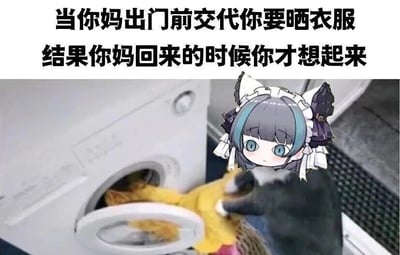 这是一张经过P图改编的文字加注静态图，上方配有两行点明场景的文字：“当你妈出门前交代你要晒衣服 结果你妈回来的时候你才想起来”。下方的实拍图中，一只猫咪正慌忙地把衣服往洗衣机里塞，猫咪的头部被替换成了手游《碧蓝航线》中角色柴郡的Q版头像，柴郡的表情慌张无措，和猫咪的动作完美结合，生动地还原了人们突然想起忘记完成长辈交代的任务，在对方回家的紧急时刻慌忙补救的窘迫又搞笑的状态，用拟人化的方式引发有类似健忘、拖延经历的人的共鸣。