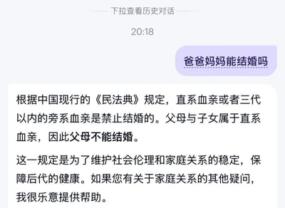 这是一张聊天记录截图，用户向AI提出了一个看似无厘头的问题“爸爸妈妈能结婚吗”，AI则严肃依据中国现行《民法典》给出了回复，明确说明直系血亲禁止结婚，父母与子女属于直系血亲范畴因此不能结婚，还补充了该规定的意义，形成了提问的无厘头与回复的正式严谨之间的反差感。