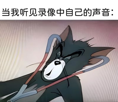 图片上方配有文字“当我听见录像中自己的声音：”，下方是动画《猫和老鼠》中的角色汤姆猫。汤姆表情极度痛苦抓狂，双眼紧闭，眉头紧锁，嘴巴大张，脖子上挂着红色听诊器，身体姿态扭曲，生动形象地展现了人们听到自己录音声音时的尴尬与不适，通过夸张的卡通形象制造幽默效果。