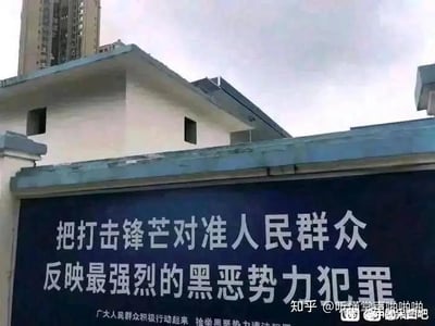 图片展示了一栋建筑物外墙上的宣传标语，内容为“把打击锋芒对准人民群众反映最强烈的黑恶势力犯罪 广大人民群众积极行动起来 检举黑恶势力违法犯罪”。背景中可见高层建筑，天空呈灰白色。标语采用蓝底白字，位于建筑物围墙上方，整体给人正式、严肃的感觉，属于典型的社会治理宣传内容。