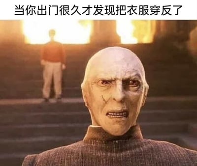 这是一张二次创作的搞笑梗图，顶部配有文字“当你出门很久才发现把衣服穿反了”。画面前景是《哈利·波特》系列中的反派角色伏地魔，他面部扭曲，眉头紧皱，嘴巴大张，露出震惊、崩溃又懊恼的夸张表情；背景中还有一个模糊的人物站在台阶上。这张图借助伏地魔极具冲击力的崩溃表情，生动且夸张地演绎了人们发现自己衣服穿反且已经在外很久时，那种尴尬、社死又懊恼到极致的心情，将日常的小尴尬用影视角色的表情放大，制造出强烈的搞笑效果。