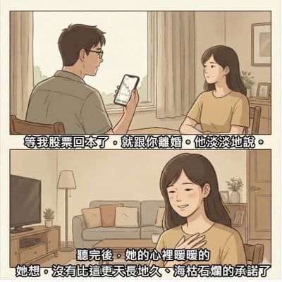 这是一幅两格连环漫画。上格中，戴眼镜的男性手持显示股票界面的手机，对面前的女性淡淡地说：“等我股票回本了，就跟你离婚。” 下格中，女性面带温暖微笑，手抚胸口，内心想着：“听完后，她的心里暖暖的。她想，没有比这更天长地久、海枯石烂的承诺了。” 漫画通过强烈的反差制造幽默效果——男性看似绝情的离婚宣言，因“股票回本”的不可能性，在女性眼中反而成为了永不离婚的“永恒承诺”。