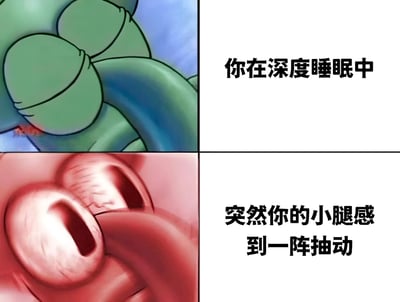 这是一张四格漫画风格的梗图，通过对比展示了人在深度睡眠中突然经历小腿抽动的常见体验。上半部分左侧是一个绿色生物紧闭双眼、安详睡眠的特写，右侧配文'你在深度睡眠中'；下半部分左侧是一双突然睁大的惊恐眼睛特写，右侧配文'突然你的小腿感到一阵抽动'。这种强烈的对比生动地表现了从深度睡眠到突然惊醒的瞬间变化，反映了很多人都有过的睡眠中小腿抽筋或肌肉抽搐的经历。