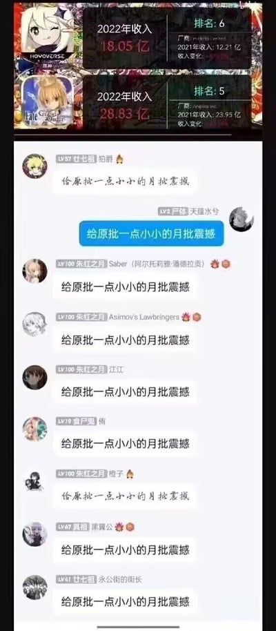 图片分为上下两部分：上半部分是2022年游戏收入排行数据，《原神》以18.05亿收入排名第6，厂商为HOYOVERSE；《Fate/Grand Order》（简称FGO）以28.83亿收入排名第5，厂商为ANIPLEX INC.，同时标注了两款游戏2021年的收入数据。下半部分是QQ群聊截图，群内多名用户统一发送“给原批一点小小的月批震撼”这句话。这里运用了谐音梗：“原批”是部分群体对原神玩家的蔑称，“月批”是FGO玩家的自嘲式称呼（因FGO国服由B站代理，B站曾被玩家称为“月球”，FGO玩家也被叫做“月球人”），通过收入数据的对比，FGO玩家用这个固定句式玩梗，调侃原神玩家，属于游戏圈的社群趣味互动内容。