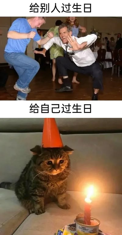 这是一张上下拼接的对比梗图，上半部分配文“给别人过生日”，画面呈现室内派对场景，几位成年人姿态夸张地兴奋跳舞，氛围热闹欢快，传递出为他人庆生时的热情投入；下半部分配文“给自己过生日”，画面是一只狸花猫戴着橙色路锥充当生日帽，面前摆放着插有燃烧蜡烛的罐头，猫咪表情低落孤单，与上半部分的热闹形成强烈反差，精准戳中了很多人在社交场合为他人庆生时热情满满，自己过生日却冷清孤独的情绪，引发共鸣。