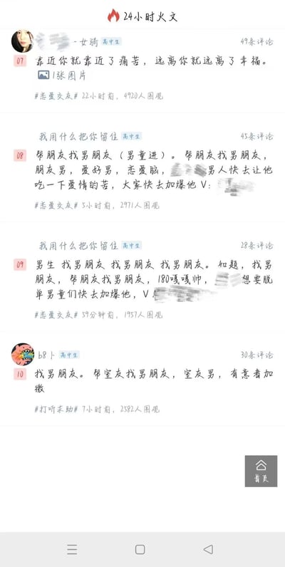 这是一张社交媒体截图，展示了多个高中生发布的找男朋友相关帖子。截图上方有"24小时火文"标题，包含四个主要帖子：第一个是带有伤感爱情文字的帖子，后三个都是帮朋友找男朋友的帖子，内容幽默直白，带有"加爆他"等网络热词。帖子中包含发布者身份标签、评论数、浏览量和相关话题标签。部分用户信息和联系方式被模糊处理。