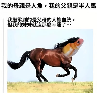 图片上方配有文字说明：“我的母亲是人鱼，我的父亲是半人马，我继承到的是父母的人族血统，但我的妹妹就没那么幸运了...”，下方是一张合成图像，画面中是一匹棕色的马，但其头部被替换成了金色的鱼头，马身保持奔跑姿态，背景为蓝天草地。整体通过荒诞的血统遗传设定制造幽默效果，暗示妹妹继承了父母的非人族特征，形成鱼头马身的奇特生物。