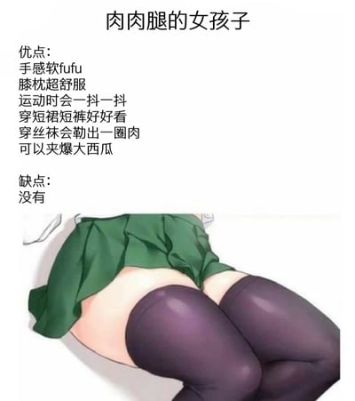 这是一张赞美女生肉肉腿的梗图，上方文字标题为“肉肉腿的女孩子”，下方列出了一系列幽默夸张的优点，包括“手感软fufu”、“膝枕超舒服”、“运动时会一抖一抖”、“穿短裙短裤好好看”、“穿丝袜会勒出一圈肉”和“可以夹爆大西瓜”。在缺点部分则用“没有”二字制造反差萌效果。图片下方配有一幅动漫风格的插画，展示了一个穿着绿色裙子和紫色过膝袜的女生的腿部特写，突出表现了肉肉腿的特点。整体风格轻松幽默，表达了对女生肉肉腿的喜爱和赞美。