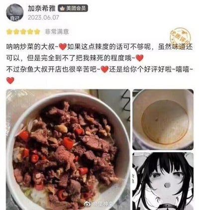 这是一组图文混排的社交媒体内容，主体是美团用户「加奈希雅」在2023年6月7日发布的五星好评评价。评价中用户用活泼带点夸张的语气吐槽炒菜的大叔做的菜辣度不够，称完全达不到把自己辣死的程度，但还是因为体谅开店辛苦给了好评。同时搭配了三张图：一张是满满一碗带红辣椒的肉菜实拍图，一张是吃空的碗的实拍图，还有一张是AI生成的张嘴惊讶表情的二次元少女图，整体风格搞笑有趣，用夸张的表达来调侃菜品辣度未达预期。