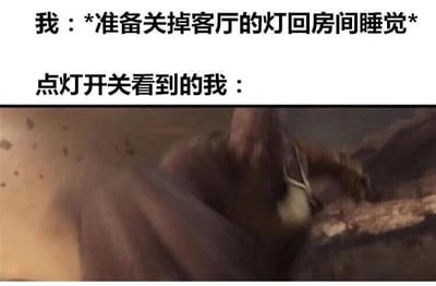 图片上半部分为文字描述：'我：*准备关掉客厅的灯回房间睡觉*'和'点灯开关看到的我：'，下半部分是一张模糊的截图，画面呈现昏暗、布满灰尘的环境，似乎有一个人在紧张的场景中，通过上下对比幽默夸张地表现了人们在关灯瞬间可能产生的对黑暗的恐惧心理。