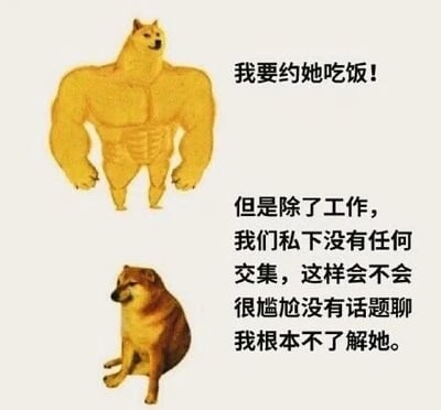 这是一张上下对比的图文混排P图改编网络表情包，上方是将Doge狗头与强壮人类肌肉身体合成的形象，搭配文字“我要约她吃饭！”，传递出鼓起勇气想要追求异性的冲动心态；下方是神态低落、呈蹲坐姿态的原版Doge形象，搭配大段文字，表达了冲动过后的焦虑与纠结——担心和对方私下无交集、约会会尴尬没话题，生动且真实地还原了人们在想要开启一段异性交往时，从冲动到顾虑的矛盾内心活动。