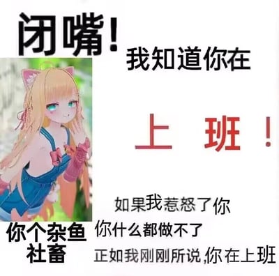 这是一张精准拿捏社畜职场痛点的搞笑梗图，左侧是AI生成的金发猫耳二次元女孩，她单手托腮，脸上带着戏谑又得意的表情。图中通过多层递进的扎心文案构建了一个“怼人闭环”：先是强势喊话“闭嘴！我知道你在上班！”，接着挑衅式地指出社畜的无力——“如果我惹怒了你，你什么都做不了，正如我刚刚所说，你在上班”，还直接用“你个杂鱼社畜”的称呼强化嘲讽，用黑色幽默的方式调侃职场人上班期间即便被惹恼也无法发作的无奈处境，极易引发社畜群体的共鸣。