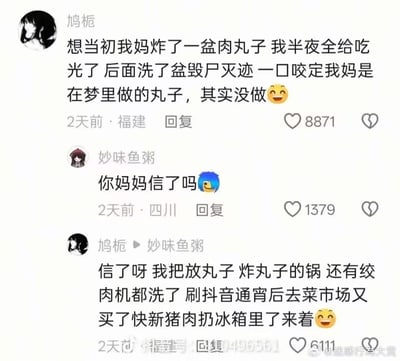 这是一张社交媒体评论区的截图，内容为两位网友的搞笑互动：网友“鸠栀”分享自己半夜偷吃了妈妈炸的满满一盆肉丸子，之后清洗了装丸子的盆销毁证据，故意咬定妈妈是在梦里做的丸子，现实中根本没有做过；另一位网友“妙味鱼粥”好奇询问鸠栀的妈妈是否相信这个说法，鸠栀回复表示妈妈确实信了，因为自己不仅洗了装丸子的盆，还把炸丸子的锅、绞肉机全部清洗干净，通宵刷完抖音后特意去菜市场买了新鲜猪肉放进冰箱，彻底消除了自己偷吃的所有痕迹，整个对话充满反差感和生活趣味，笑点十足。