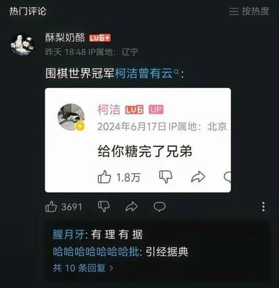 这是一张哔哩哔哩（B站）的社交媒体评论区截图，属于热门评论板块。用户“酥梨奶酪”（IP属地辽宁，B站Lv6+等级）发布评论，以模仿名人名言的正经句式“围棋世界冠军柯洁曾有云：”，引出了柯洁（B站Lv6 UP主，IP属地北京，2024年6月17日发布）的一句非常生活化的发言“给你糖完了兄弟”，用严肃的包装形式搭配接地气的日常话语，制造出强烈的反差搞笑效果。这条热门评论获得了3691个赞，下方还有其他用户的互动回复：用户“腥月牙”评论“有理有据”，用户“哈哈哈哈哈哈批”评论“引经据典”，进一步调侃这种把普通日常发言当作名人名言的玩梗行为，形成了有趣的评论区互动氛围。