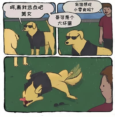 这是一幅三格漫画，讲述了一只戴着墨镜、穿着黑色背心的黄色狗狗的搞笑故事。第一格中，狗狗表情傲慢，对另一只狗说："呵，离我远点吧 美女"。第二格中，狗狗继续维持着酷拽形象，宣称"哥可是个大坏蛋"，同时一个穿红衣服的男孩微笑着问"有谁想吃小零食吗?"。第三格则展现了反转，狗狗听到有零食后，立刻兴奋地四脚朝天扑向零食，之前的酷拽形象荡然无存。

漫画通过狗狗前后态度的巨大反差制造幽默效果，体现了动物面对美食诱惑时的真实反应。