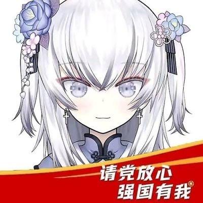 图片展示了一位动漫风格的银白色长发少女，她头戴蓝色和紫色花朵装饰，身穿中式风格上衣，面带微笑。图片底部有红色横幅，上面写着'请党放心 强国有我'的标语，将动漫元素与爱国主题结合。