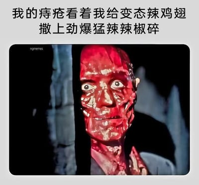 这是一张搞笑二次创作梗图，上方配有文案“我的痔疮看着我给变态辣鸡翅撒上劲爆猛辣辣椒碎”，下方使用了一张恐怖电影的截图，图中人物满脸血肉模糊，眼神惊恐绝望，面部肌肉扭曲，用这个极具冲击力的恐怖画面，来拟人化地表现痔疮看到主人准备食用超辣食物时的崩溃、恐惧心情，通过夸张的视觉效果放大“爱吃辣但有痔疮”的日常矛盾，制造出荒诞又搞笑的反差笑点，调侃这类明知会难受却忍不住作死的饮食行为。