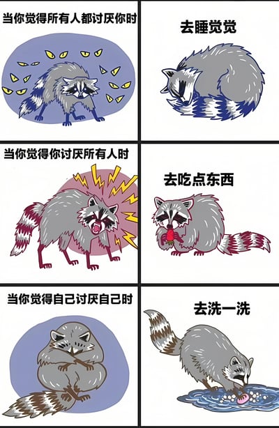 这是一张3x2网格布局的连环漫画，主角为一只卡通小浣熊，通过六个 panels 展现不同负面情绪下的自我调节方法。第一行左图：小浣熊被多双黄色眼睛包围，配文“当你觉得所有人都讨厌你时”，右图小浣熊蜷缩成球睡觉，配文“去睡觉觉”；第二行左图：小浣熊愤怒咆哮，周围有黄色闪电特效，配文“当你觉得你讨厌所有人时”，右图小浣熊捧着红色果实进食，配文“去吃点东西”；第三行左图：小浣熊抱膝蜷缩，配文“当你觉得自己讨厌自己时”，右图小浣熊低头在水边洗东西，配文“去洗一洗”。整体风格可爱治愈，用简单场景传递面对负面情绪的积极应对方式。