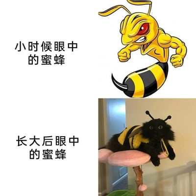 这是一张上下结构的趣味对比图，通过两种不同的蜜蜂形象展现童年与成年后认知的反差：上半部分对应“小时候眼中的蜜蜂”，是一个肌肉线条明显、表情凶狠、攥紧拳头做出攻击姿态的拟人化卡通蜜蜂，传递出童年认知里蜜蜂极具攻击性、不好惹的印象；下半部分对应“长大后眼中的蜜蜂”，是一只穿着黄黑相间蜜蜂服饰的黑色猫咪，它睁着圆眼睛，懵懂地趴在猫爬架的粉色平台上，模样软萌可爱。两者形象形成强烈反差，用幽默的方式调侃认知随成长发生的趣味变化。