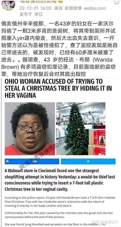 这是一张微博发布的猎奇新闻截图，内容是美国俄亥俄州辛辛那提的43岁女子旺达·布朗（Wanda Brown），试图将一棵约2.1米高的塑料圣诞树塞入下体进行盗窃，过程中因剧痛大出血昏迷，被发现时已塞入60多厘米。警方最初误以为她遭性侵，查看监控后得知真相。该女子有多项盗窃前科，康复后将面临新的盗窃指控。图中配有英文新闻标题、旺达的警方面部照片和沃尔玛内的圣诞树照片，整体内容荒诞离谱，充满戏剧性，在中文社交平台被作为猎奇内容传播。