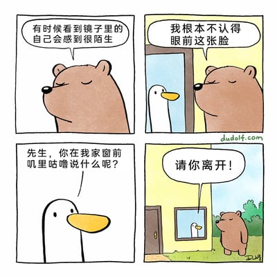 这是一幅四格搞笑卡通漫画，讲述了一场乌龙误会：第一格中小熊闭眼一脸惆怅地感慨，称有时候看到镜子里的自己会感到很陌生；第二格中小熊对着眼前的“镜子”继续感慨自己认不出这张脸，此时能看到窗户里的鸭子；第三格中鸭子从窗户里探出头，疑惑地询问小熊在自家窗前自言自语什么；第四格揭晓真相，小熊误将鸭子家的玻璃窗当成了镜子，鸭子在窗户里严肃地驱赶小熊，整个故事充满轻松诙谐的日常乌龙笑点。