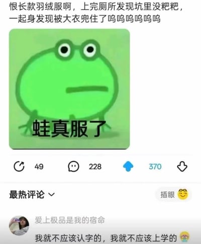 这是一张社交媒体内容截图，上方正文是网友分享的社死经历：吐槽自己穿长款羽绒服上厕所，上完发现坑里没有排泄物，起身才知道排泄物被大衣下摆兜住了，配了一张绿色青蛙表情包，表情包上写有谐音梗文字“蛙真服了”，对应“我真服了”的情绪表达。截图还展示了该内容的互动数据：转发49、评论228、点赞370，下方最热评论来自用户“爱上极品是我的宿命”，内容为“我就不应该认字的，我就不应该上学的”，表达了看完这段社死内容过于冲击的心情。