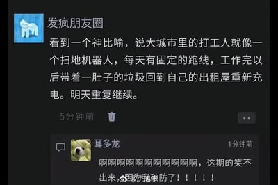这是一张微信朋友圈截图，标题为“发疯朋友圈”。内容是分享一个关于大城市打工人的神比喻：“说大城市里的打工人就像一个扫地机器人，每天有固定的跑线，工作完以后带着一肚子的垃圾回到自己的出租屋重新充电。明天重复继续。” 下方有一条来自用户“耳多龙”的评论，内容为“啊啊啊啊啊啊啊啊啊，这期的笑不出来，防了！！！！！”，表达了强烈的共鸣和无奈情绪。