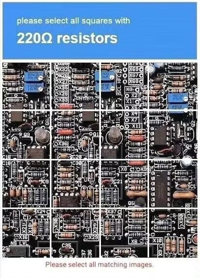 图片顶部为蓝色标题栏，显示英文提示“please select all squares with 220Ω resistors”，下方是由多个电路板特写组成的网格布局（多图拼接）。每个网格方块中包含电阻、电容、芯片等电子元件，任务是从这些方块中识别出含有220Ω电阻的区域。220Ω电阻通常通过色环（红-红-棕-金/银）或标识“220”“221”来区分，整体为技术类视觉识别测试题，无谐音梗或双关含义。