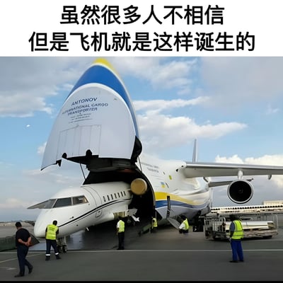 图片上方有文字“虽然很多人不相信 但是飞机就是这样诞生的”，下方是一张摄影照片。照片中显示一架巨大的蓝白黄三色安东诺夫(ANTONOV)货运飞机，其机头部分向上掀开，正在装载一架小型白色客机。几名穿着黄色反光背心的地勤人员正在周围工作。

这张图片使用了视觉双关的幽默手法，将大型货运飞机装载小型飞机的场景，搞笑地比喻为“飞机的诞生”，暗示小飞机是从大飞机中“生出来”的。