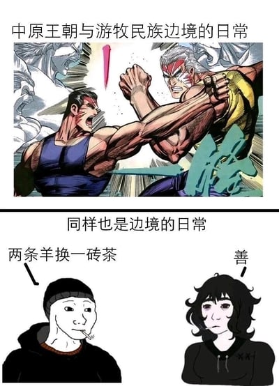 这是一张上下分栏的对比类网络梗图，通过两种截然不同的场景，展现中原王朝与游牧民族边境的两种日常状态。上半部分采用充满张力的热血格斗漫画画面，搭配标题“中原王朝与游牧民族边境的日常”，画面中两个肌肉发达、面部带有纹饰的男性角色表情凶悍狰狞，正激烈地角力对抗，画面线条充满动感，营造出强烈的战斗冲突氛围，对应历史上二者边境时常发生的战争冲突；下半部分则使用网络流行的Wojak风格卡通人物模板，搭配标题“同样也是边境的日常”，左侧男性角色叼着烟，平淡地提出“两条羊换一砖茶”的交易条件，右侧女性角色回应“善”，呈现出边境双方友好通商、和平贸易的生活化场景。整张图通过强烈的场景反差，调侃了中原与游牧民族边境既有冲突对抗也有和平往来的真实历史面貌。