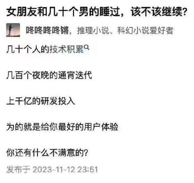 这是一张社交媒体截图，展示了一个关于情感关系的提问和幽默回答。提问者询问是否应该继续与曾和几十个男性有过关系的女朋友交往，而回答者则用软件开发中的"技术积累"、"通宵迭代"和"研发投入"等术语进行幽默回应，暗示这些经历可能让对方拥有更好的"用户体验"。