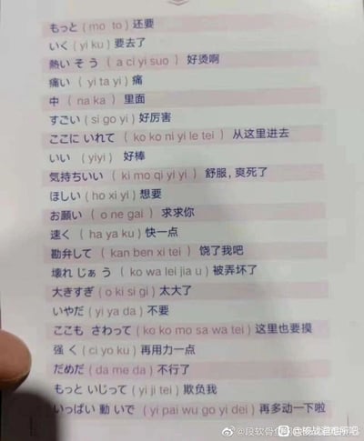 这是一张竖屏手机格式的图文混排静态图，内容为网友整理的带有性暗示的日语常用台词对照表，每个条目都标注了日语原文、中文谐音以及对应的中文释义，这些台词大多是日本成人色情内容中常见的口语表达，比如“気持ちいい（ki mo qi yi yi）舒服，爽死了”“速く（ha ya ku）快一点”等。图片左下角露出部分手指，右下角带有微博账号@段软骨 等水印，整体内容属于网络恶搞类的趣味内容，用谐音标注的方式调侃这类日语在特定场景中的常见用法。