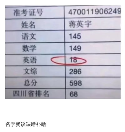 这是一张经过文字加注的高考成绩单截图，展示了考生蒋英宇的各项成绩信息：准考证号为470011906249，语文145分、数学149分、英语仅18分、文综286分，总分598分，在四川省排名68位。图片下方配有文字“名字就该缺啥补啥”，利用“蒋英宇”谐音“讲英语”，与该考生极低的英语成绩形成强烈反差，制造出荒诞搞笑的谐音梗效果，调侃名字和成绩之间戏剧性的反差感。