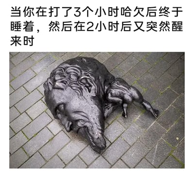 这是一张图文结合的搞笑梗图，上方配文描述了一种糟糕的睡眠体验：打了3小时哈欠后终于入睡，却仅睡了2小时就突然醒来；下方搭配的是一个创意街头雕塑，雕塑呈现出人脸贴在地面、下方连接着蜷缩双腿的怪异扭曲形象，这个荒诞的视觉形象精准地表现出那种睡眠不足、醒来后身体和意识都处于混沌错位的状态，用夸张的艺术效果调侃了睡眠紊乱带来的疲惫与怪异感。