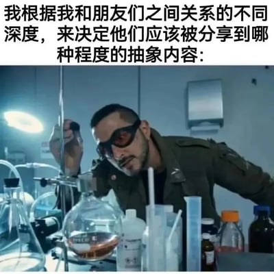图片上半部分为黑色文字：“我根据我和朋友们之间关系的不同深度，来决定他们应该被分享到哪种程度的抽象内容：”，下半部分是一位穿着军绿色外套、戴着深色护目镜的男性在实验室中操作玻璃仪器的场景，他神情专注，面前摆放着烧杯、试管等实验器材，整体营造出一种如同“调配不同浓度试剂”般严谨对待分享内容的幽默效果，用科学实验的场景比喻对不同友谊深度的朋友分享不同抽象程度内容的行为。