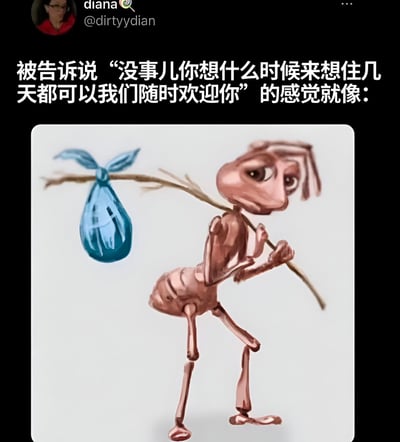 社交媒体用户diana (@dirtyydian)发布的图文内容，上方文字描述了“被告知‘没事儿你想什么时候来想住几天都可以我们随时欢迎你’的感觉”，下方配有一幅卡通蚂蚁插画：蚂蚁扛着一根棍子，棍子上挂着蓝色的袋子，表情显得疲惫，整体用幽默的方式表达了收到这种热情邀请时的复杂心情。