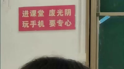 这是一张在校园教室场景下拍摄的静态照片，画面里的白色墙面上张贴着一块红色标语牌，上面印有浅色字体的标语：“进课堂 废光阴 玩手机 要专心”。这句标语和常规课堂上鼓励认真学习的标语完全相反，以戏谑、调侃的语气，讽刺了部分学生在课堂上不专注听课、沉迷玩手机的摸鱼行为，充满搞笑趣味；画面下方露出一个人的头顶区域，右侧能看到教室绿色黑板的部分边缘。