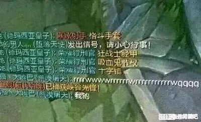 这是一张MOBA游戏《英雄联盟》的对局内屏幕截图，展示了游戏聊天界面的趣味互动内容。德玛西亚皇子玩家不断在聊天框中发送其他英雄的装备信息，期间系统提示堕落天使玩家发出了小心行事的信号；随后深渊巨口（大嘴）玩家发送了一串乱码“rrrrrrrrrrrrrrrrrrrrrrrwwqqq”，紧接着系统提示深渊巨口已捕获峡谷先锋，最后深渊巨口玩家回复“我的”，整个对话呈现出一种无厘头的搞笑氛围，像是皇子持续刷屏，而大嘴在成功捕获峡谷先锋后表达了对这个资源的占有欲，充满了游戏玩家间的趣味日常。