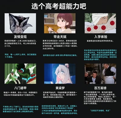 这是一张以高考为主题的趣味梗图，整体为黑色背景，采用2行3列的布局结构，共展示六个虚拟的高考相关超能力选项。每个选项都搭配了对应的动漫或影视素材截图，同时标注了超能力的名称、收益效果以及对应的负面代价，分别为：1.友情变现：同班同学每有1人考上本科自己可获5万元，考上985可获30万元，但每有1人考不上本科自己就要增加十万债务；2.带走天赋：高考文化总分减300分，可获得指定的体育或音乐领域人类顶级天赋，该天赋维持20年后会完全消失；3.入学体验：直接保送想去的学校和专业，但必须顺利完成学业取得硕士及以上学位，且毕业两年内赚够一次高考费，否则学历将变回高中辍学；4.八门遁甲：每减少1年寿命，高考总分加15分，同时智力和知识水平会提升到匹配该分数的程度，若减寿超过自身寿命上限会直接死亡；5.黄粱梦：高考当天可选择带着现有记忆重回高一第一天，转入一线城市顶级私立国际学校就读，自身性别变为异性且周围人默认你生来就是该性别，三年后强制醒来参加内高考，分数低于580分则所有增益作废，被送回原来的考场；6.百万英镑：接下来连续两个月每天都要吃完指定的牛排配啤酒套餐，完成后可任意指定三门科目各加10分，最后还附带了该选项对应场景的台词“这顿还不多够雄呢，先生”。整张图通过带有交换性质的趣味设定，引导网友进行选择讨论，具备较强的互动性和娱乐性。
