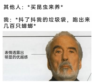 这是一张荒诞搞笑的生活类梗图，通过设置“其他人购买昆虫作为宠物饲养”与“自己抖落垃圾袋就跑出几百只蟑螂”的强烈反差场景，搭配英国演员克里斯托弗·李那张自带倨傲、优越感的严肃面部特写，以自嘲式的幽默调侃自身生活环境中蟑螂泛滥的状况，同时用“无需刻意饲养就拥有大量昆虫种群”的荒诞逻辑，营造出一种反向的优越感，让尴尬的生活场景变得滑稽好笑。